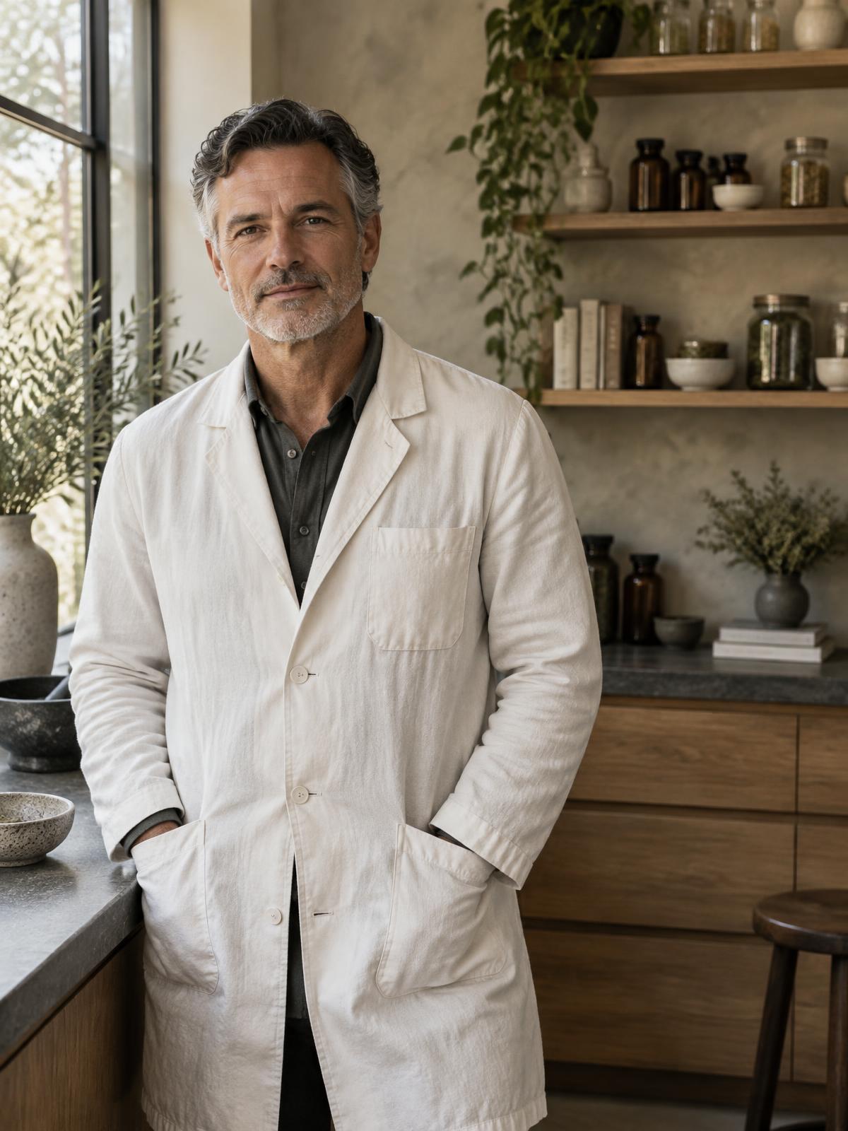 Representative portrait of a mature practitioner in a quiet clinic